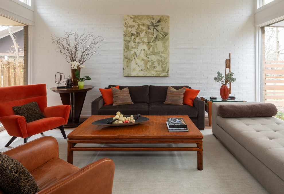 Example of a small mid-century modern formal and enclosed carpeted and gray floor living room design in Chicago with white walls, no fireplace and no tv