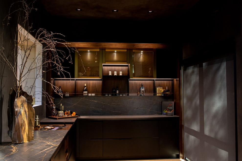 Esempio di un piccolo angolo bar senza lavandino moderno con nessun lavello, ante di vetro, ante nere, top in superficie solida, paraspruzzi nero, paraspruzzi in quarzo composito e top nero