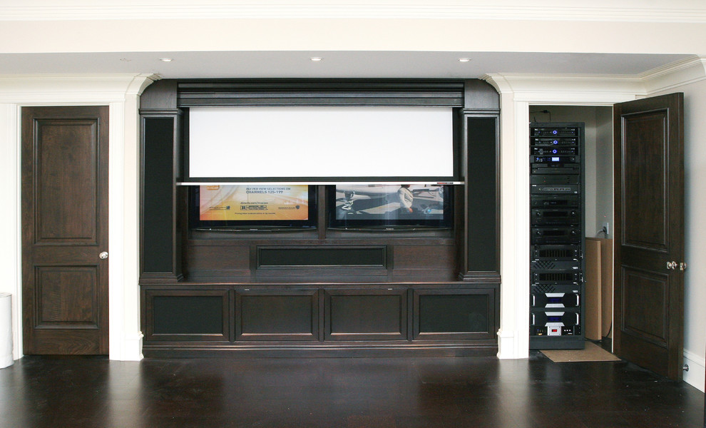 Mid-sized traditional enclosed home theatre in Chicago with white walls, dark hardwood floors and a built-in media wall.