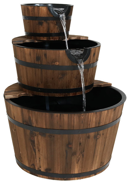 Sunnydaze Rustic 3 Tier Wood Barrel Outdoor Garden Water Fountain