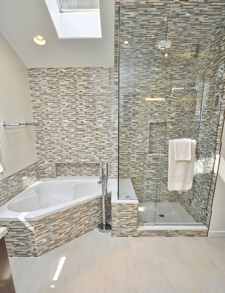 Mid-sized contemporary master bathroom in Los Angeles with a corner tub, multi-coloured tile, mosaic tile, porcelain floors, a corner shower, white walls, beige floor and a hinged shower door.