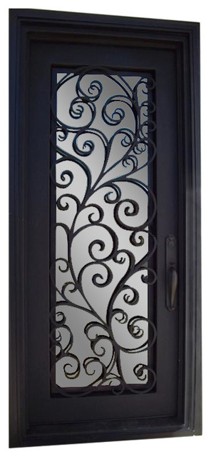 Tuscany Iron Door, 42"x96", Square Top, Sandblast Glass, Left Hand Inswing