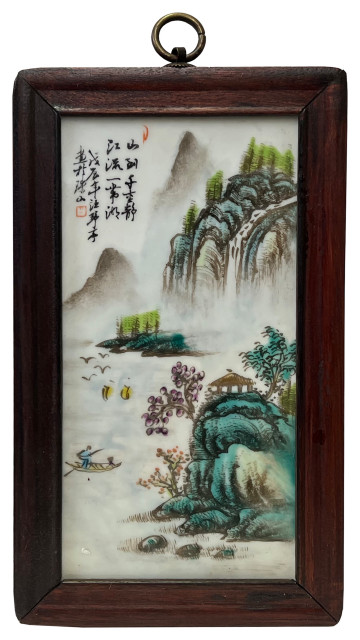 Chinese Wood Frame Porcelain Mountain Tree Scenery Wall Plaque Panel Hws3360