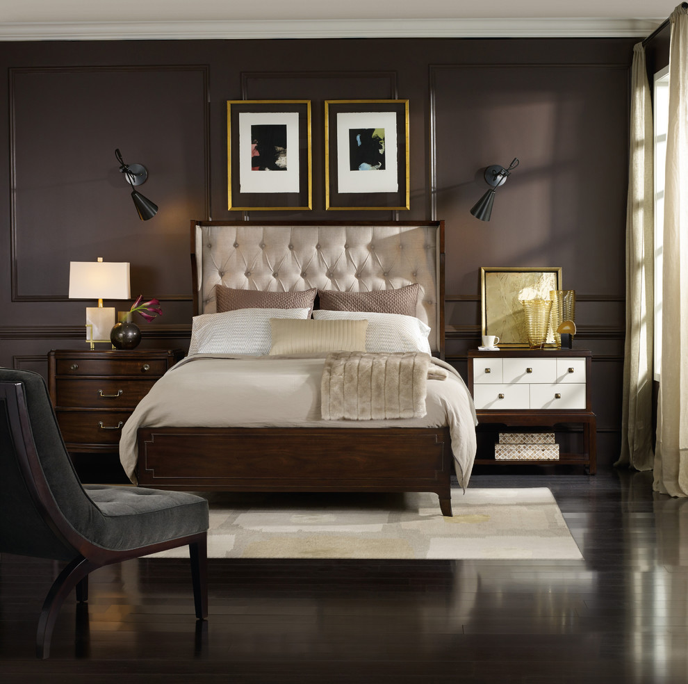 Photo of a mid-sized transitional master bedroom in Other with grey walls, dark hardwood floors and brown floor.