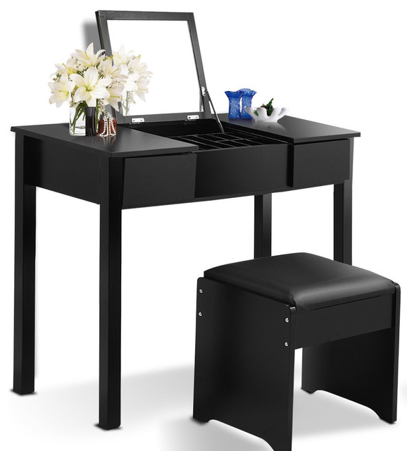 Costway Black Vanity Dressing Table Set Mirrored Furniture W Stool Storage Box