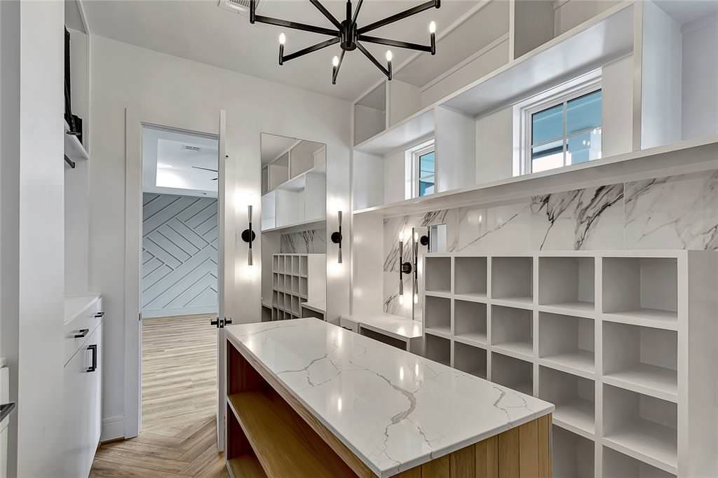 Large eclectic master white tile and porcelain tile vinyl floor, beige floor, double-sink, coffered ceiling and tray ceiling bathroom photo in Houston with flat-panel cabinets, medium tone wood cabine