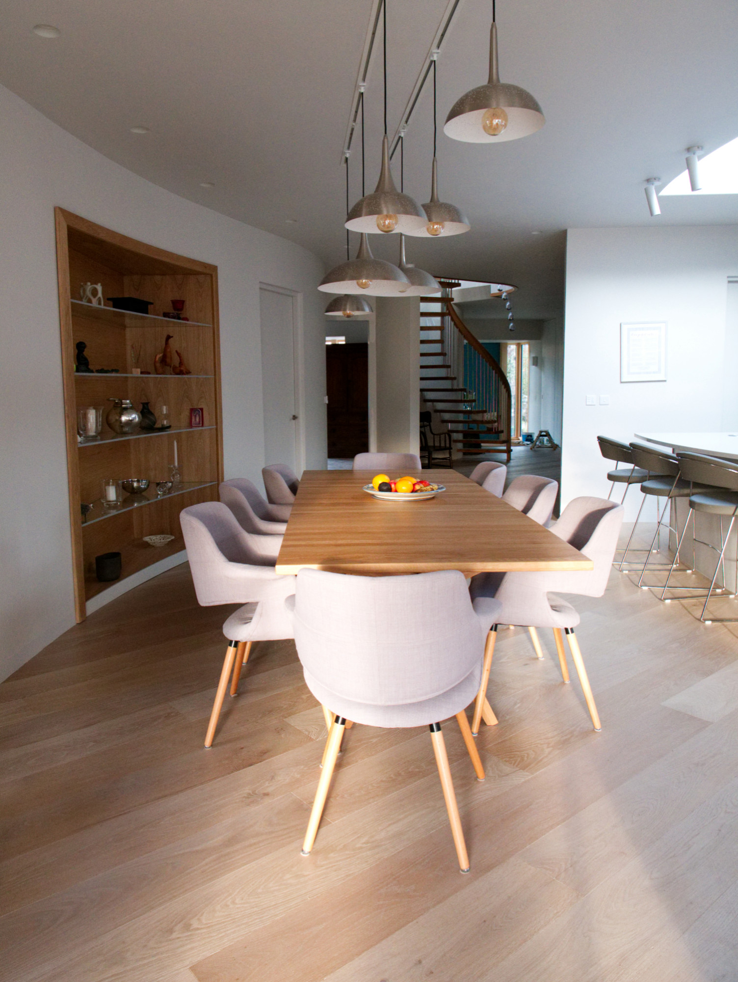 Soft colour palate in the open plan dining area