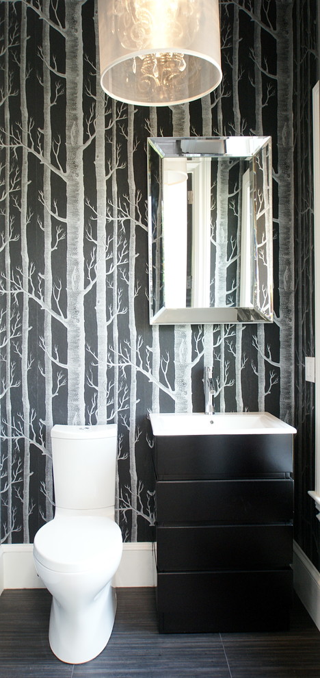 Modern bathroom in Boston with black walls.