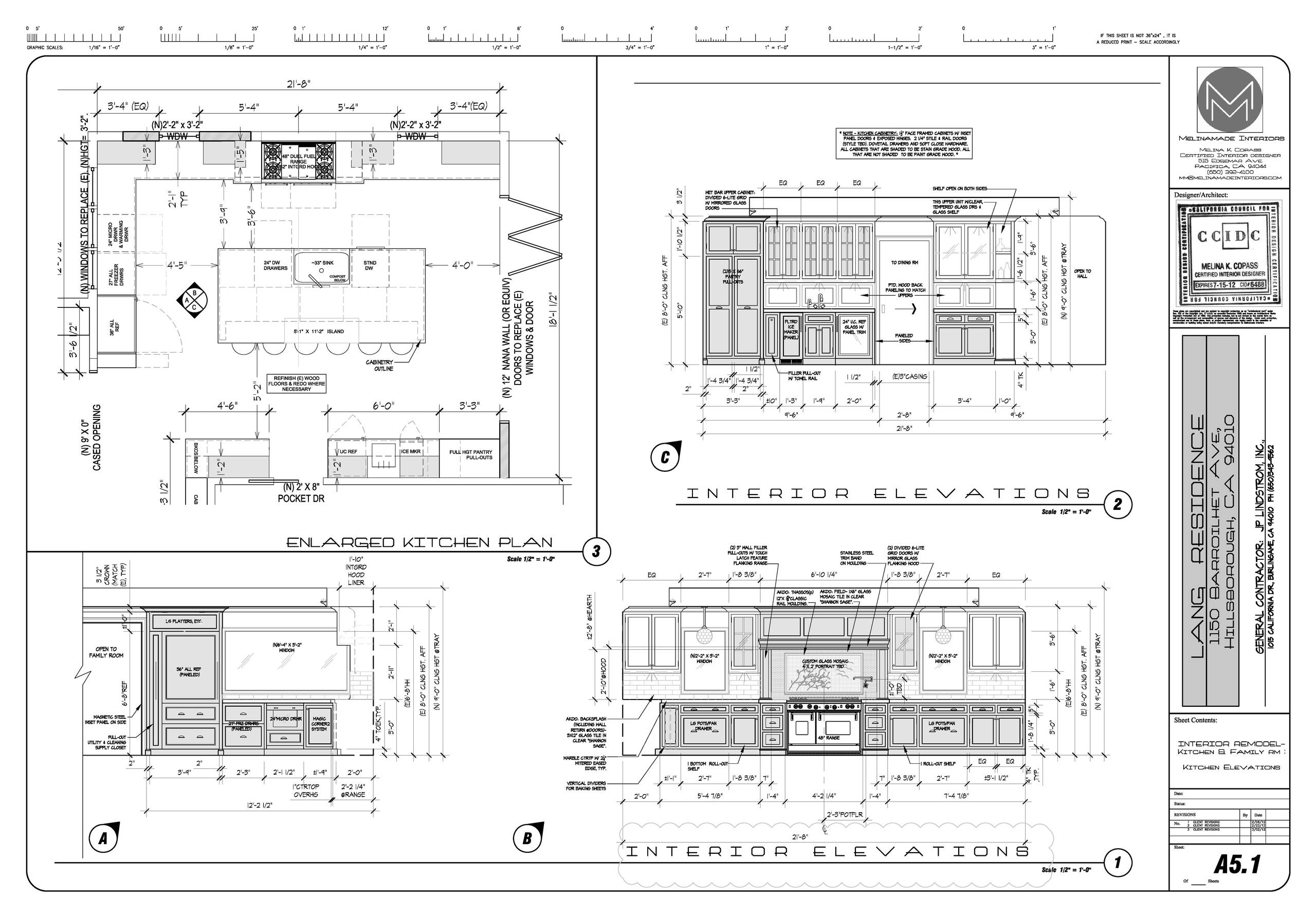 Traditional kitchen & family - floorplan & elevation drawings