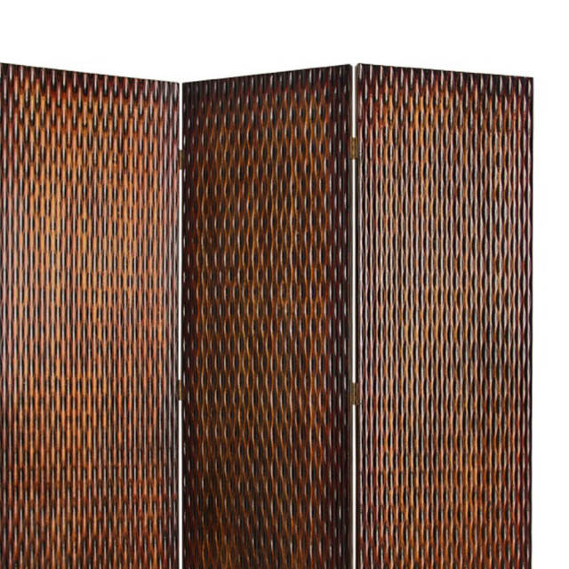 3 Panel Foldable Room Divider with Patterned Wood Panelling, Brown ...