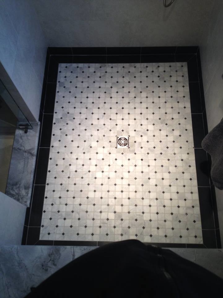 Bathroom - transitional marble floor and gray floor bathroom idea with open cabinets, white cabinets, a vessel sink and marble countertops