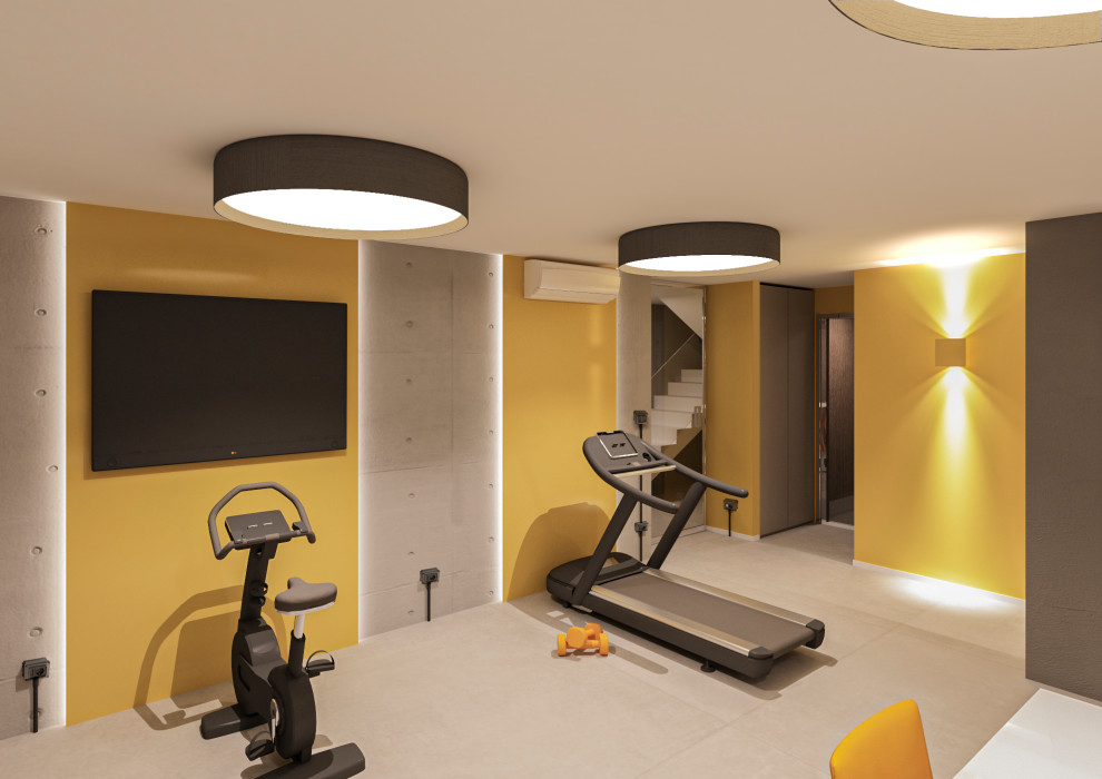 Multifunktionaler, Kleiner Moderner Fitnessraum mit gelber Wandfarbe, Porzellan-Bodenfliesen und grauem Boden in Florenz