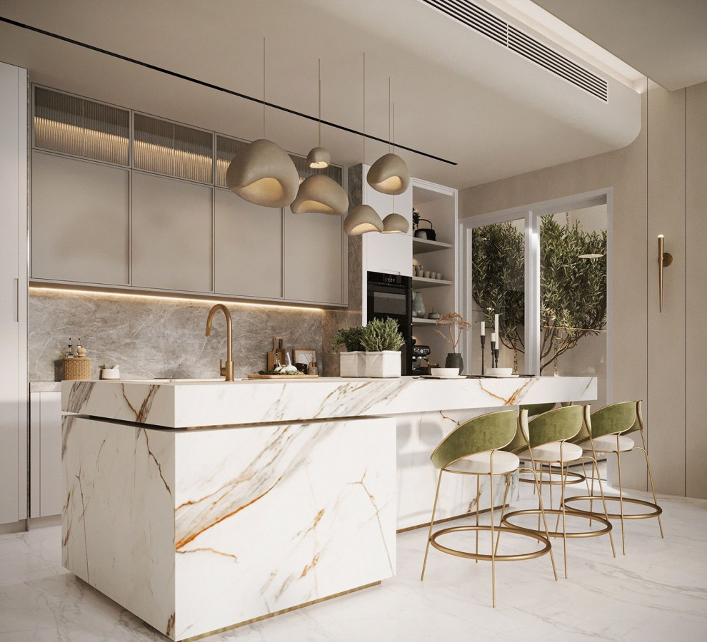 This is an example of a contemporary galley eat-in kitchen in Other with a double-bowl sink, open cabinets, beige cabinets, laminate benchtops, grey splashback, ceramic splashback, stainless steel appliances, ceramic floors, with island, beige floor, beige benchtop and vaulted.