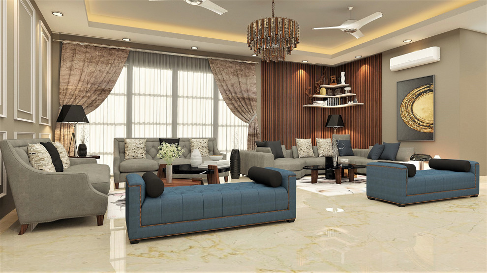 Design ideas for a large modern open concept family room in Delhi with a library, beige walls, marble floors, a wall-mounted tv, beige floor, coffered and wood walls.
