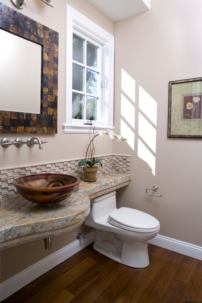 Design ideas for a transitional powder room in San Francisco with a vessel sink.