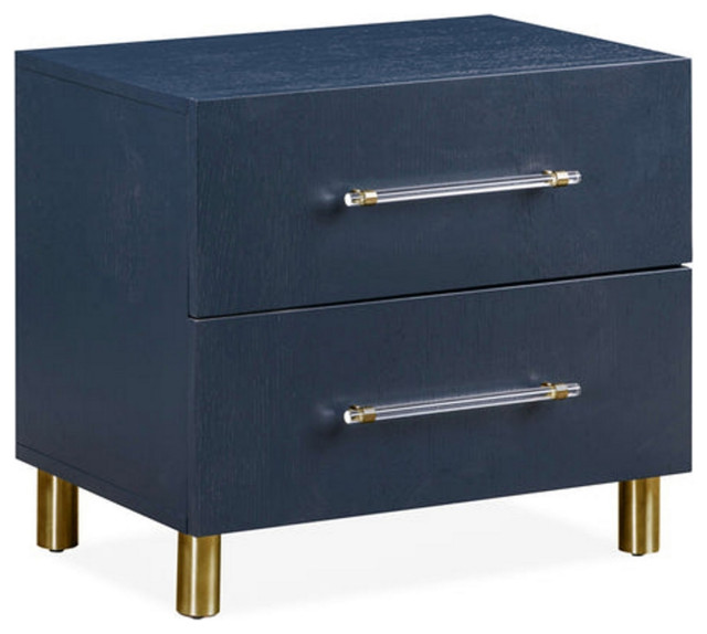Herst 26" Nightstand Navy Blue Wood 2 Drawers Cylindrical Brass Legs