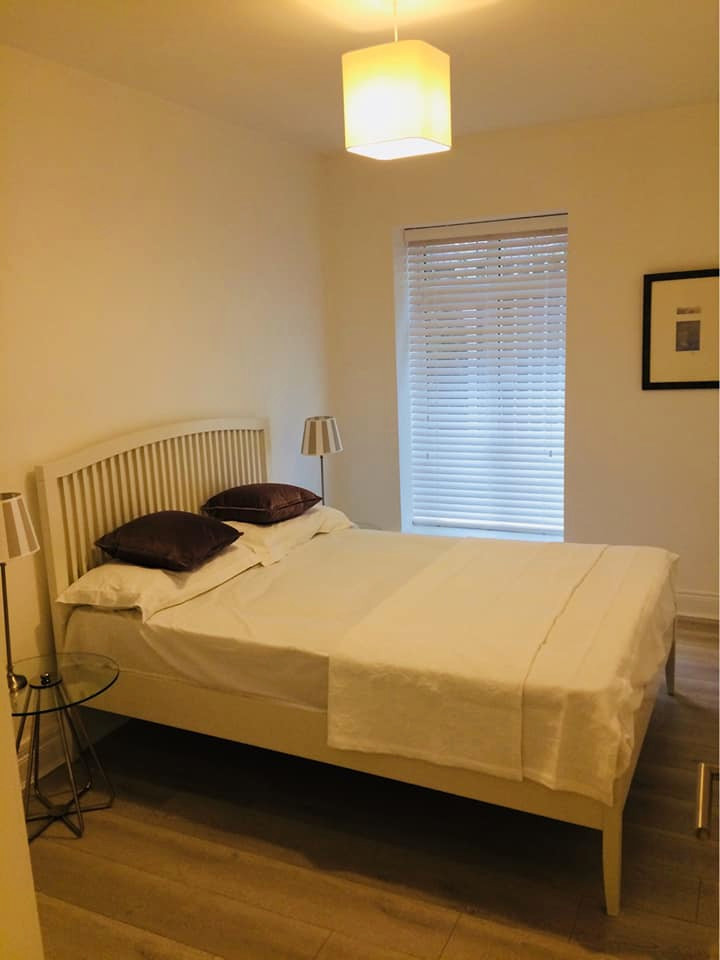 This is an example of a small contemporary bedroom in Dublin with yellow walls, laminate floors and brown floors.