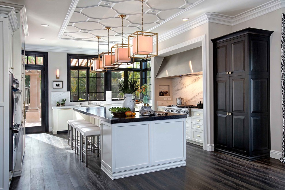 Design ideas for a transitional galley kitchen in San Diego with shaker cabinets, stainless steel appliances, dark hardwood floors and with island.
