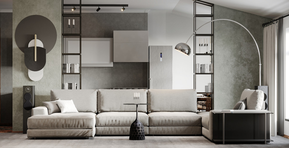 Пример оригинального дизайна: серо-белая гостиная комната среднего размера в современном стиле с серыми стенами