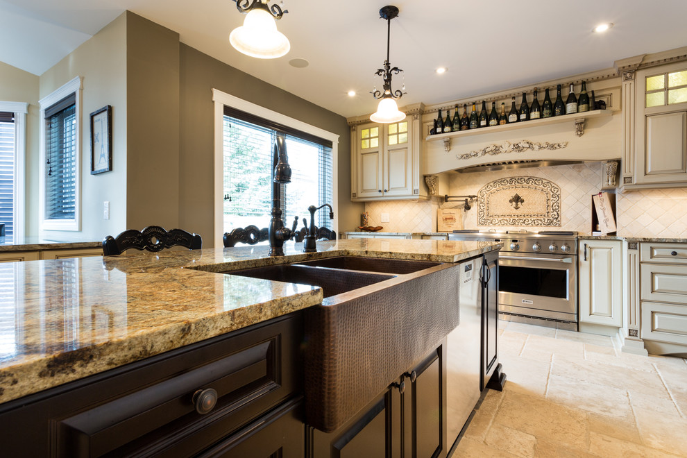 This is an example of a large traditional eat-in kitchen in Other with a farmhouse sink, raised-panel cabinets, beige cabinets, granite benchtops, beige splashback, stone tile splashback, panelled appliances, travertine floors and with island.