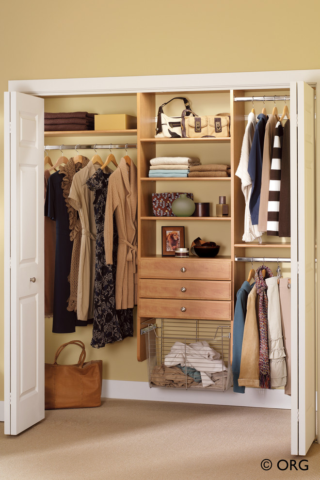 Small elegant women's carpeted and beige floor reach-in closet photo in Charleston with open cabinets and white cabinets