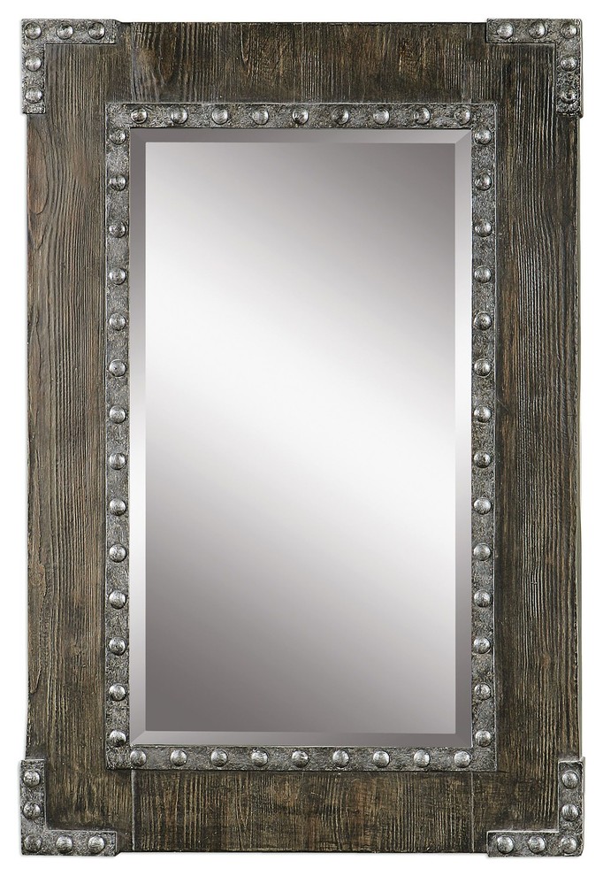 Rustic Wood Metal Riveted Wall Mirror, 37" Vanity Vintage Style Farm