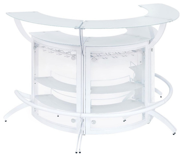 Coaster Dallas 3 Piece 2Shelf Modern Metal Curved Home Bar in White/Clear Contemporary Wine