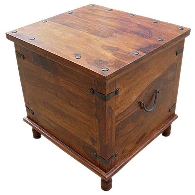 Square Wood With Metal Storage Trunk Box Accent Table Rustic Square Wood With Metal Storage Trunk Box Accent Table