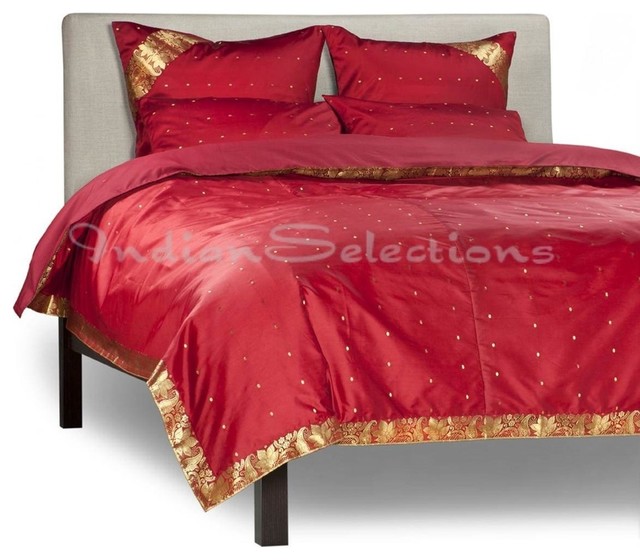 Maroon 5 Piece Handmade Sari Duvet Cover Set with Pillow Covers Euro