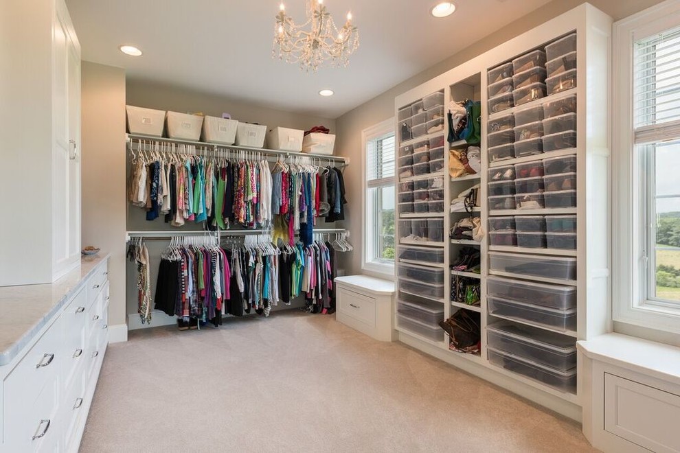 Inspiration for a large traditional gender-neutral walk-in wardrobe in Other with open cabinets, white cabinets, carpet and beige floor.