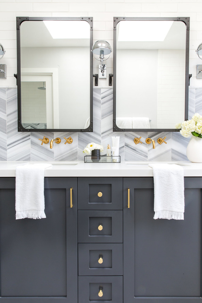 Design ideas for a large country master bathroom in Los Angeles with recessed-panel cabinets, grey cabinets, a drop-in tub, an open shower, gray tile, ceramic tile, white walls, white floor and an open shower.