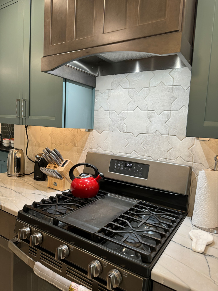 Example of a large transitional galley porcelain tile and beige floor eat-in kitchen design in Omaha with a double-bowl sink, recessed-panel cabinets, turquoise cabinets, quartzite countertops, white backsplash, porcelain backsplash, stainless steel appliances, no island and white countertops