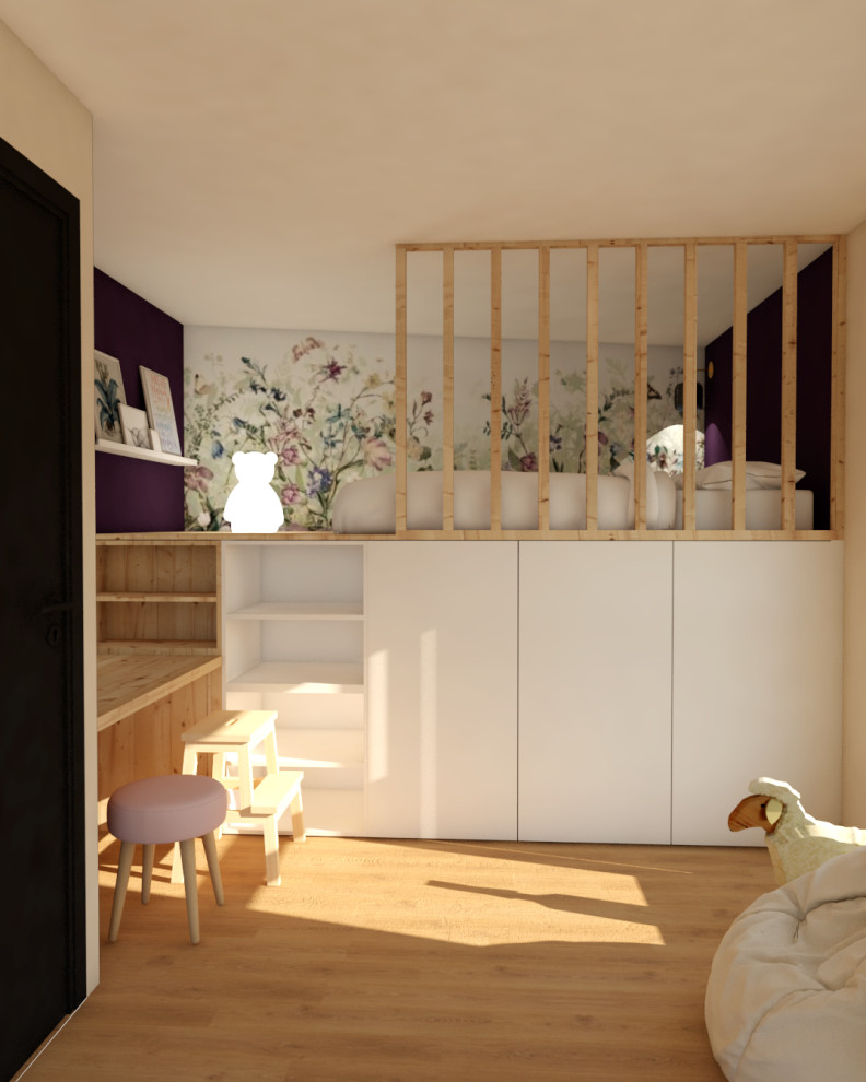 This is an example of a small modern kids' room for girls in Paris with purple walls, light hardwood floors, beige floor and wallpaper.