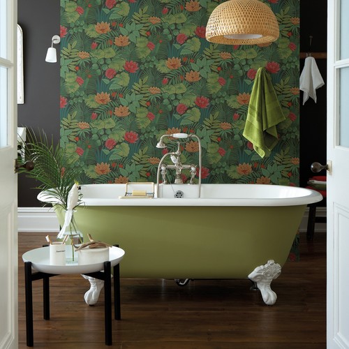 Elevate Your Bathroom Oasis: Green Clawfoot Tub with Tropical Elegance - Freestanding Bathtub Ideas