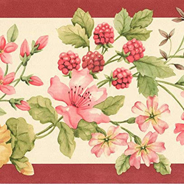 Berries Wallpaper Border Flowers Red Yellow Green 5.25