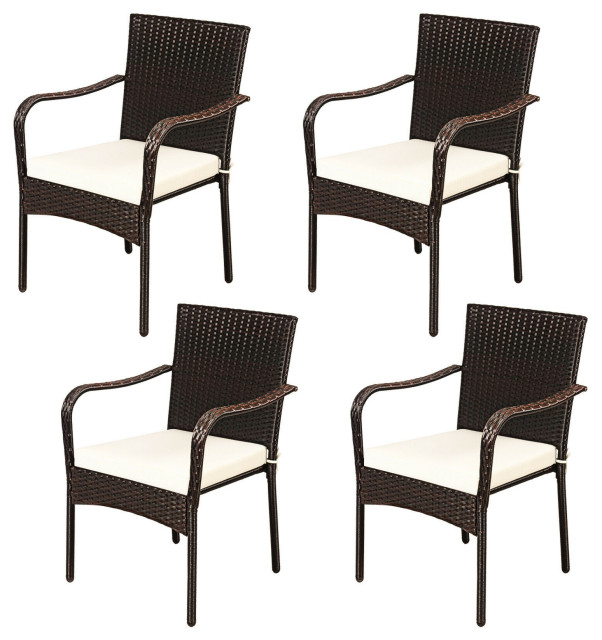 Wellfor Set of 4 Patio Rattan Stackable Dining Chair with Cushioned