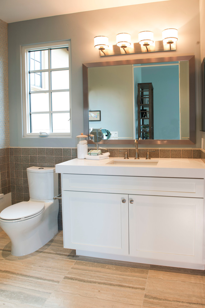 Design ideas for a transitional bathroom in San Francisco with shaker cabinets and white cabinets.