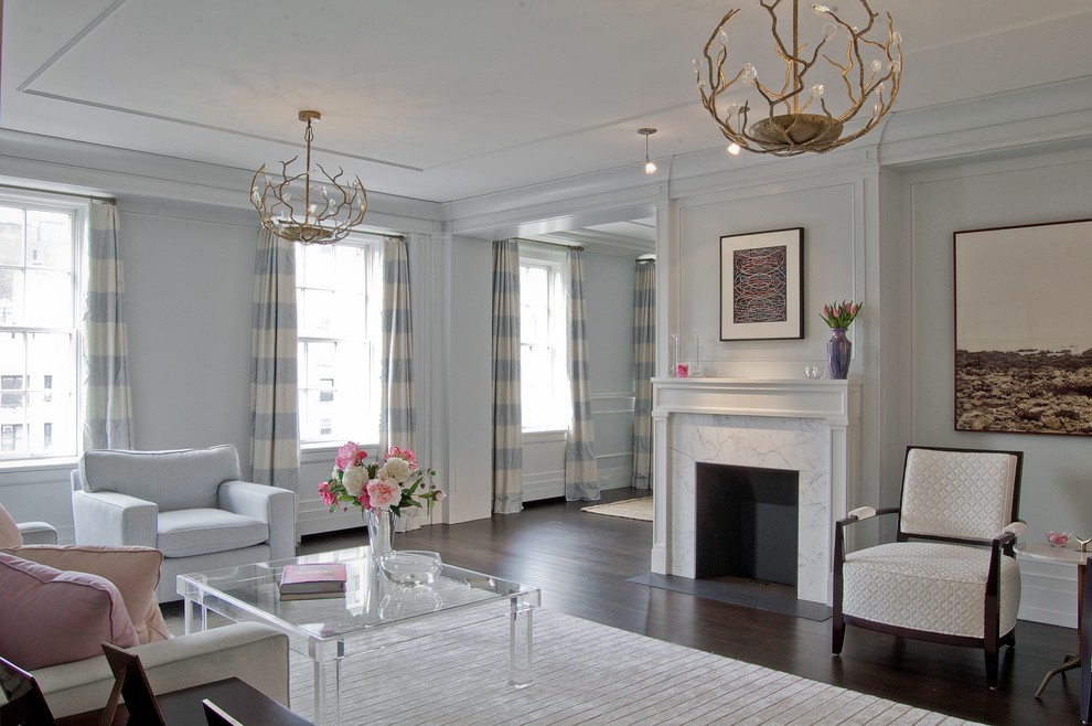 Riverside Drive Apartment - Example of a large trendy formal and open concept dark wood floor living room design in New York with gray walls, a standard fireplace, a tile fireplace and no tv