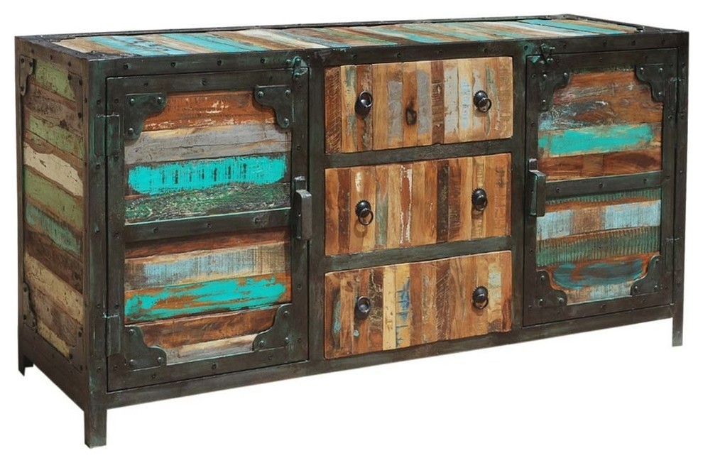 Allenhurst Rustic Reclaimed Wood 3 Drawer Industrial Sideboard Buffet