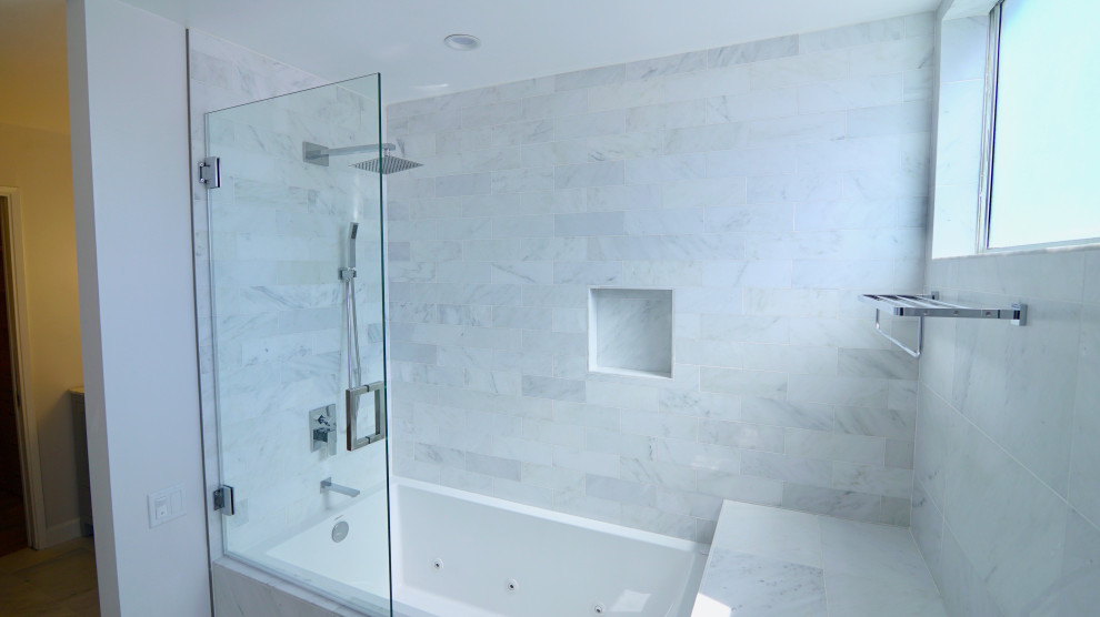 Design ideas for a mid-sized modern master bathroom in Los Angeles with shaker cabinets, grey cabinets, an alcove tub, a shower/bathtub combo, a one-piece toilet, white walls, marble floors, an undermount sink, engineered quartz benchtops, white floor, an open shower and grey benchtops.