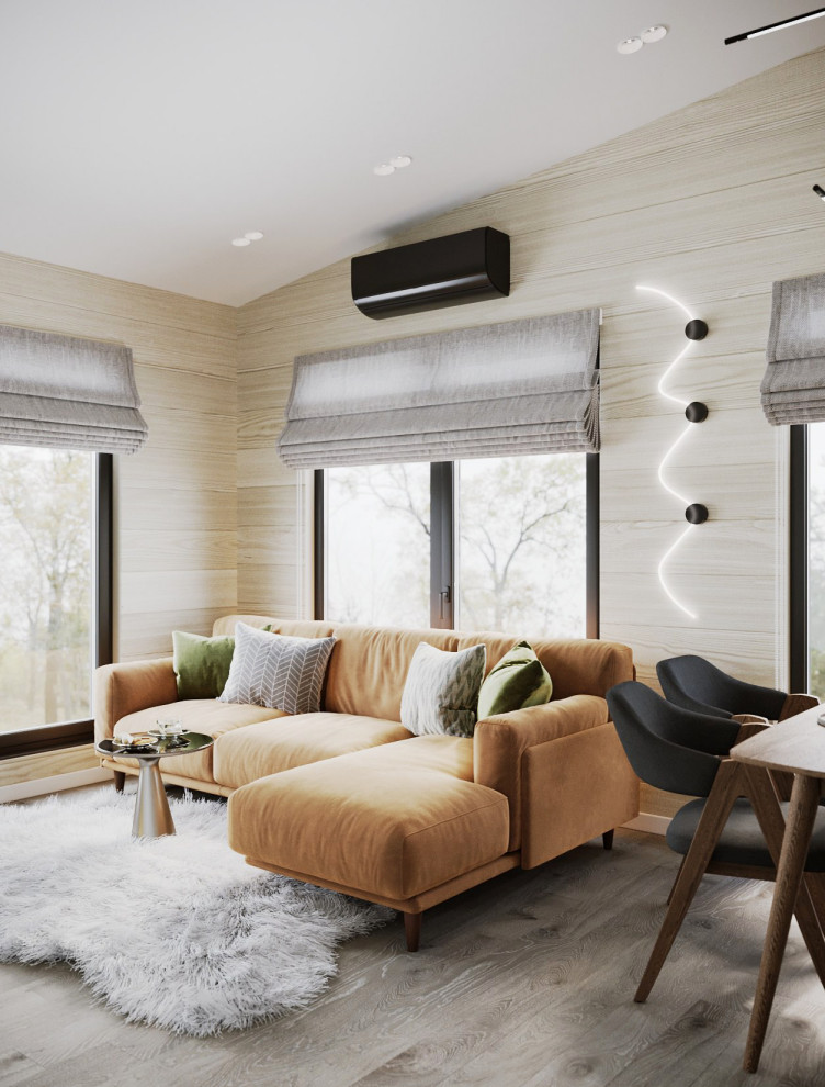 Дизайн кухни-гостиной в доме из бруса