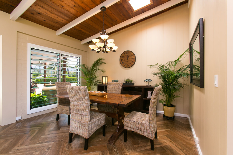 Inspiration for a mid-sized beach style separate dining room in Hawaii with beige walls, dark hardwood floors, no fireplace and brown floor.
