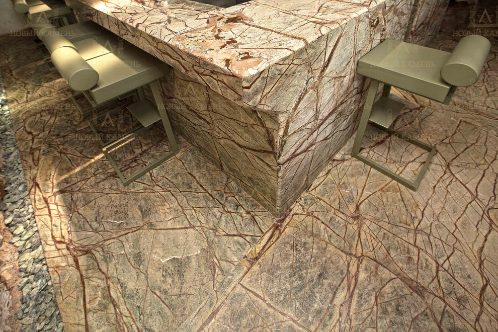 Inspiration for a l-shaped kitchen in Moscow with marble benchtops, marble floors, green floor and green benchtop.