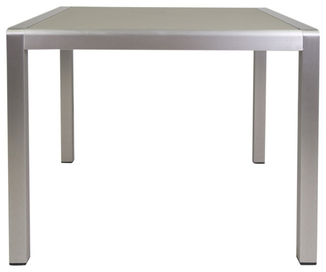 Hallie Outdoor Anodized Aluminum Dining Table With Tempered Glass Table Top, Tempered Glass