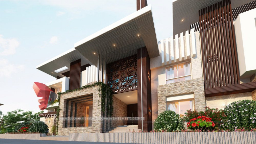 Geräumiges, Dreistöckiges Asiatisches Einfamilienhaus mit Glasfassade, brauner Fassadenfarbe, Flachdach, grauem Dach und Wandpaneelen in Sonstige