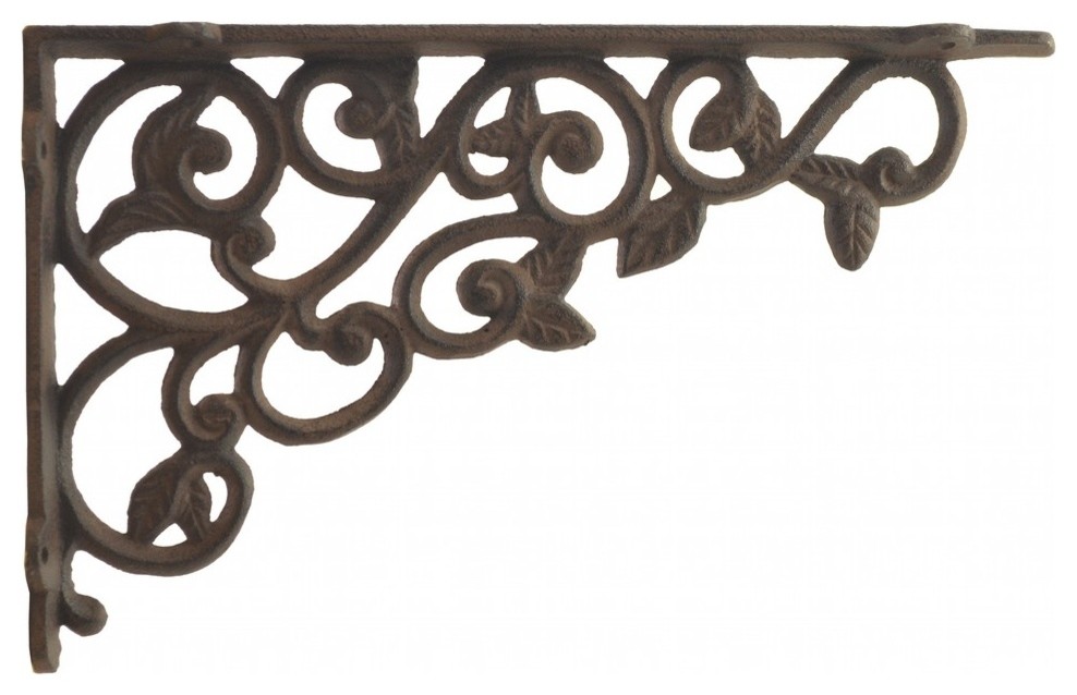 Cast Iron Wall Shelf Bracket, Ornate Leaf Pattern, Rust Brown, 12" Deep