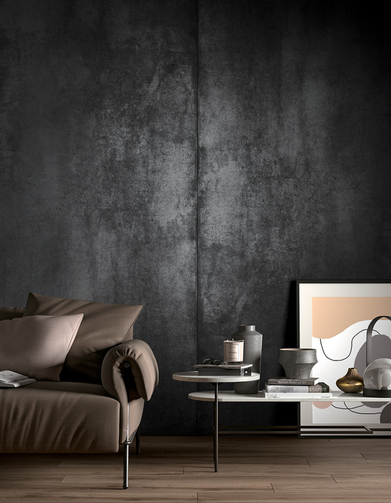 Modernes Wohnzimmer ohne Kamin mit schwarzer Wandfarbe, Porzellan-Bodenfliesen und braunem Boden in Perth