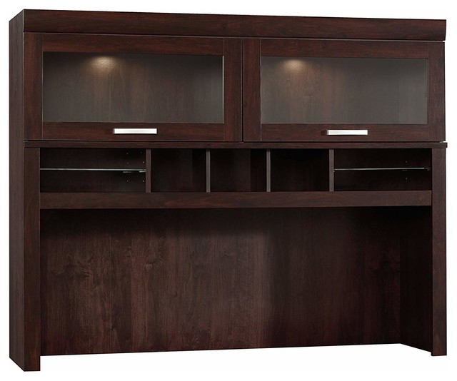 Transitional Computer Hutch, Mahogany Wood, Display Light Behind Each
