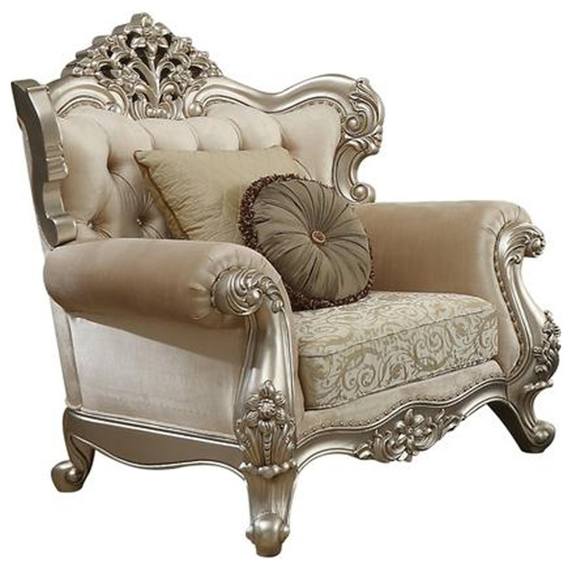 Fabric Upholstery Rolled Arm Chair With Two Pillows Champagne
