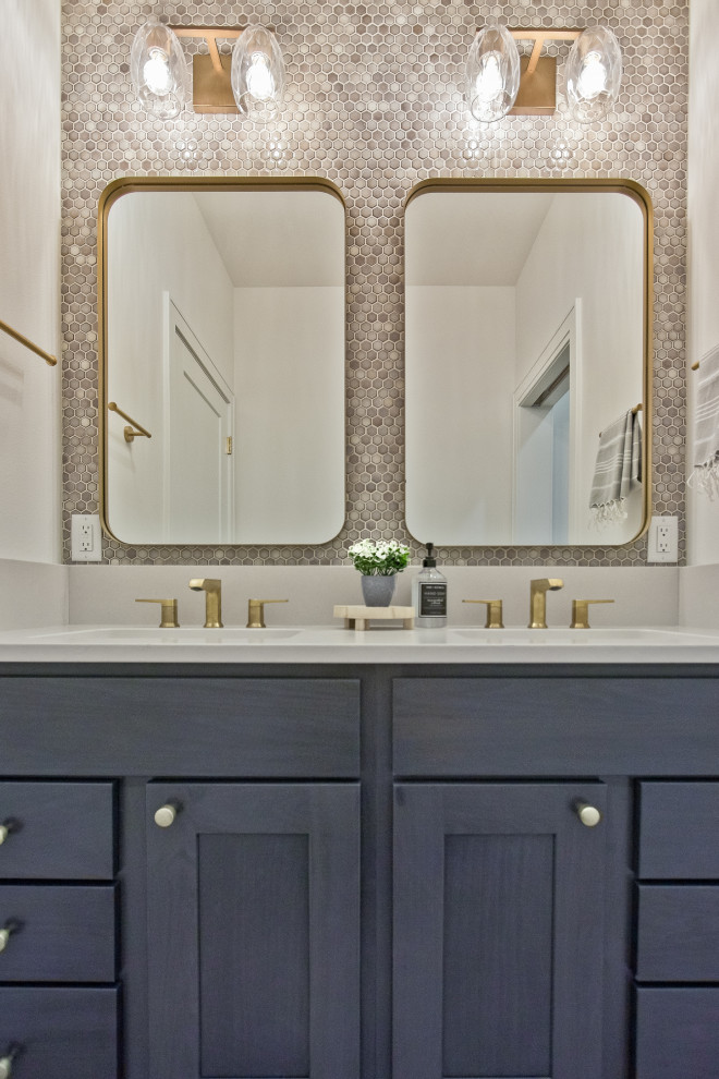 Transitional bathroom in Other with recessed-panel cabinets, blue cabinets, gray tile, mosaic tile, an undermount sink, a double vanity and a built-in vanity.